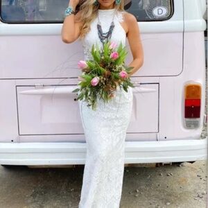 Southern Fried Chics White/Beige‎ Lace Halter Neck Maxi Dress Women's XXL NWT